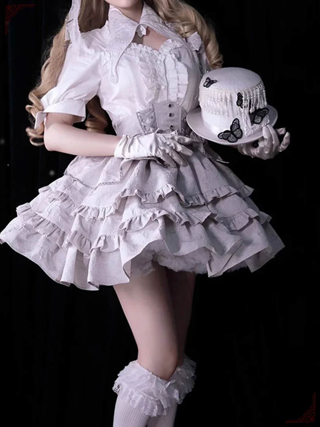 Goth Lolita Cos Silver Flower Shirt Skirt Set Fishbone Fluffy Princess Dress