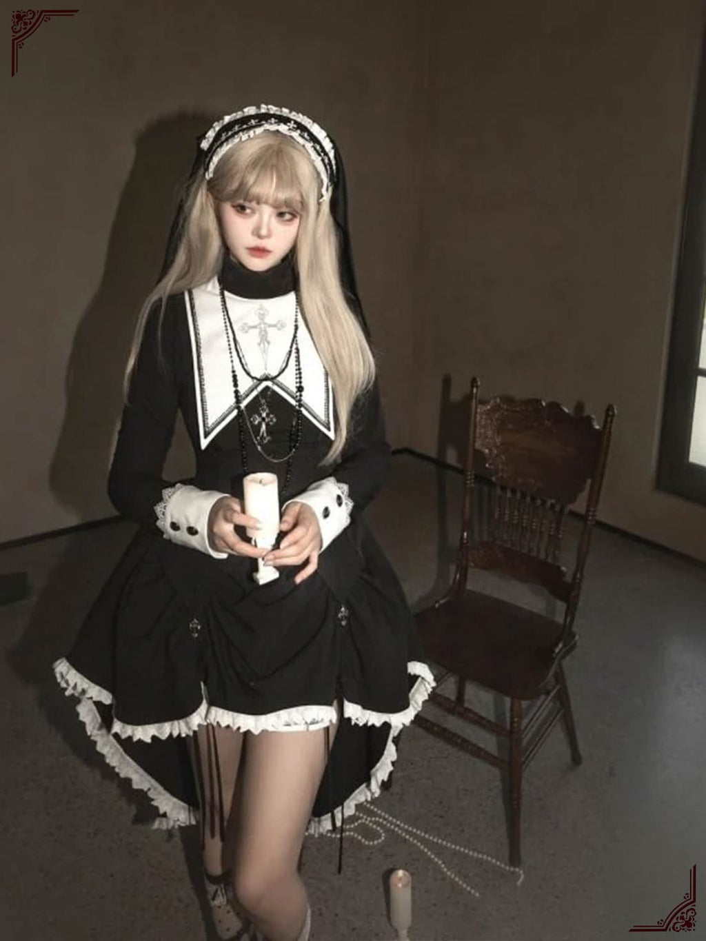 Goth Lolita Dark Black Printed Cross Tail Two-piece Set Dress for Halloween