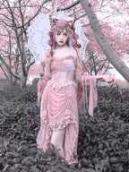 Goth Lolita Fishtail Dress with Pink Lace Sheer Sleeves Horned Parasol