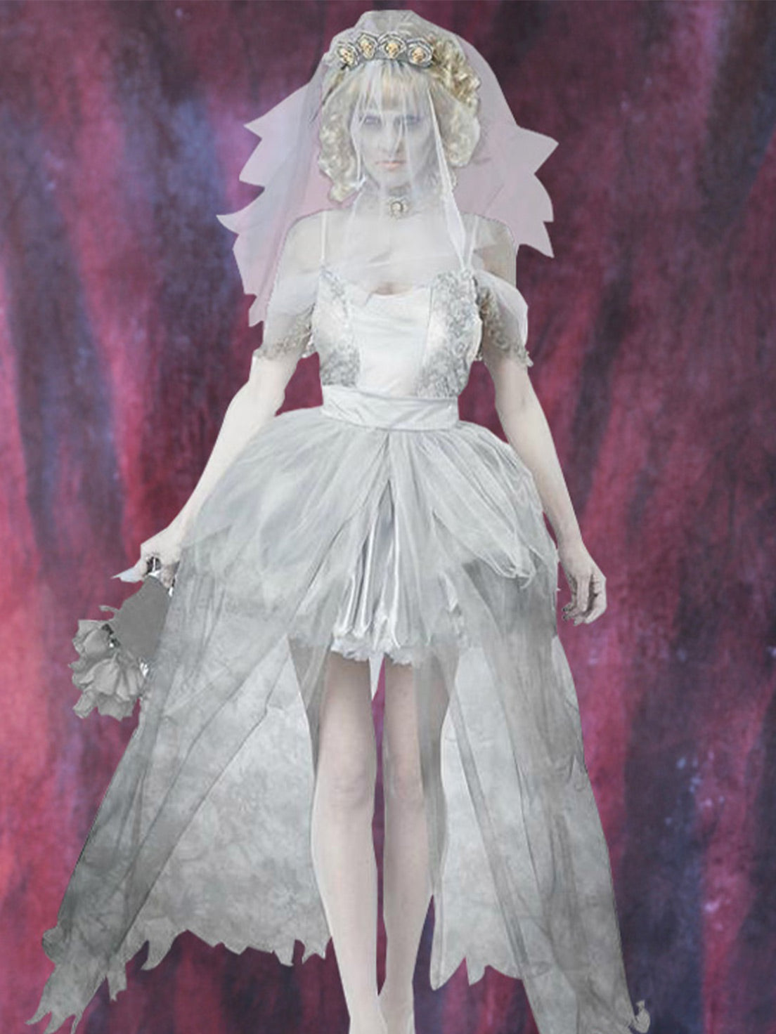 Goth Lolita Grey Ghost Bride Bloody Veil Vampire Halloween Cosplay Dress