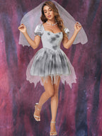 Goth Lolita Grey Ghost Bride Bloody Veil Vampire Halloween Cosplay Dress