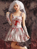Goth Lolita Grey Ghost Bride Bloody Veil Vampire Halloween Cosplay Dress
