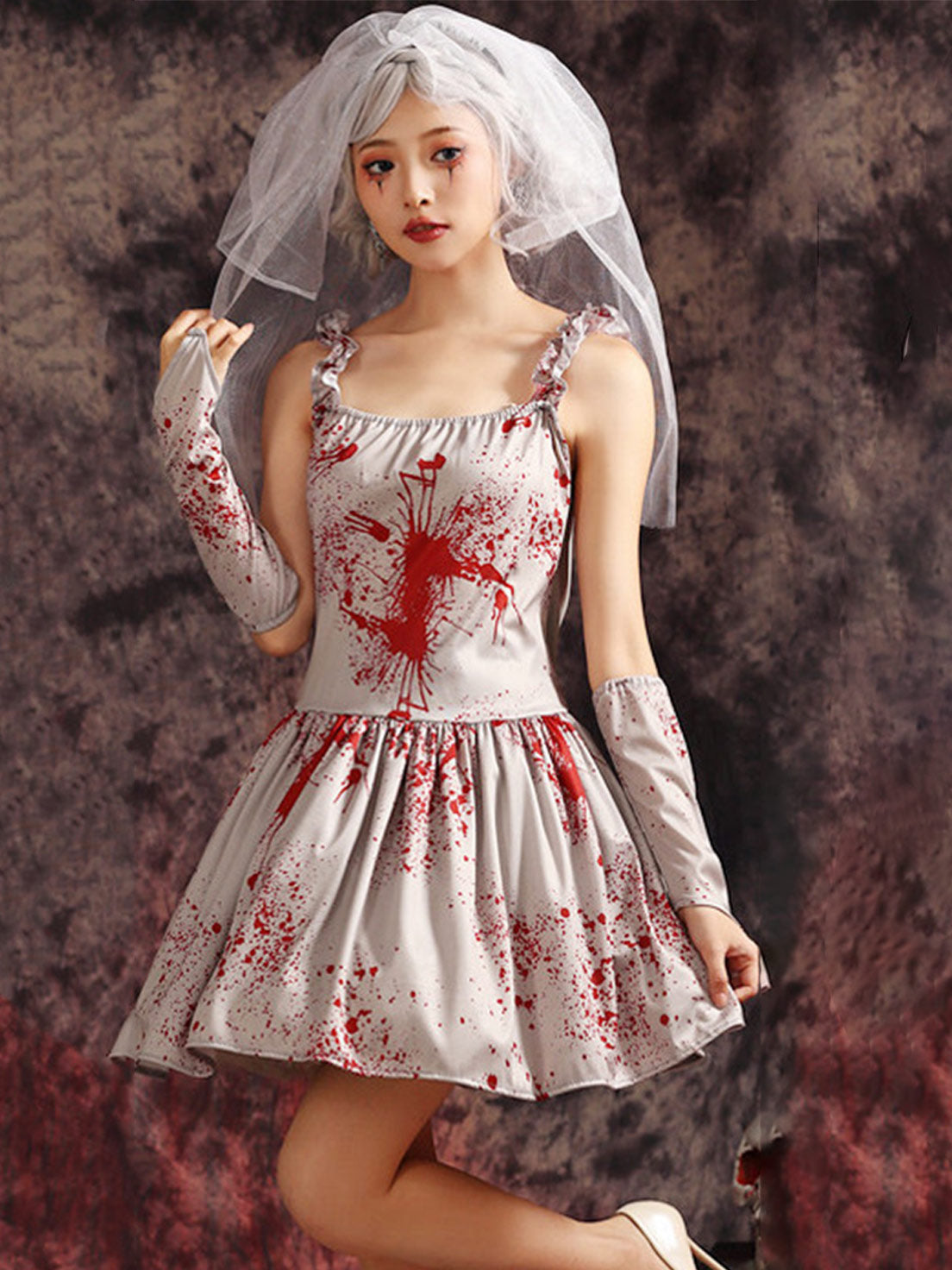 Goth Lolita Grey Ghost Bride Bloody Veil Vampire Halloween Cosplay Dress