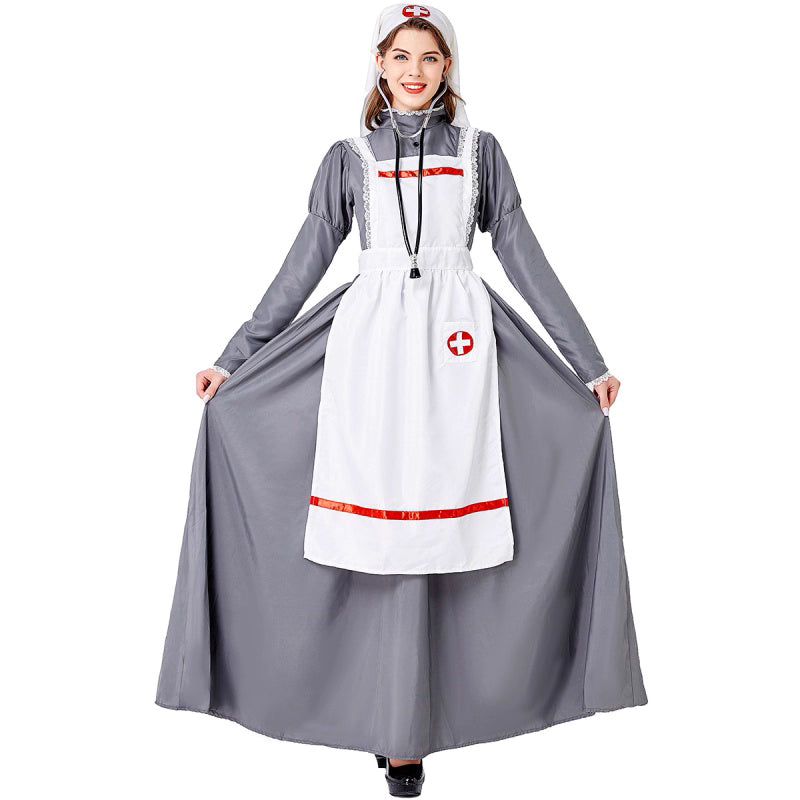 Person wearing a nurse costume with a white apron and gray coat on a white background