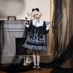 Goth Lolita OP Black Long Sleeve Lace Trim Autumn Winter Halloween Lolita Dress