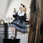 Goth Lolita OP Black Long Sleeve Lace Trim Autumn Winter Halloween Lolita Dress