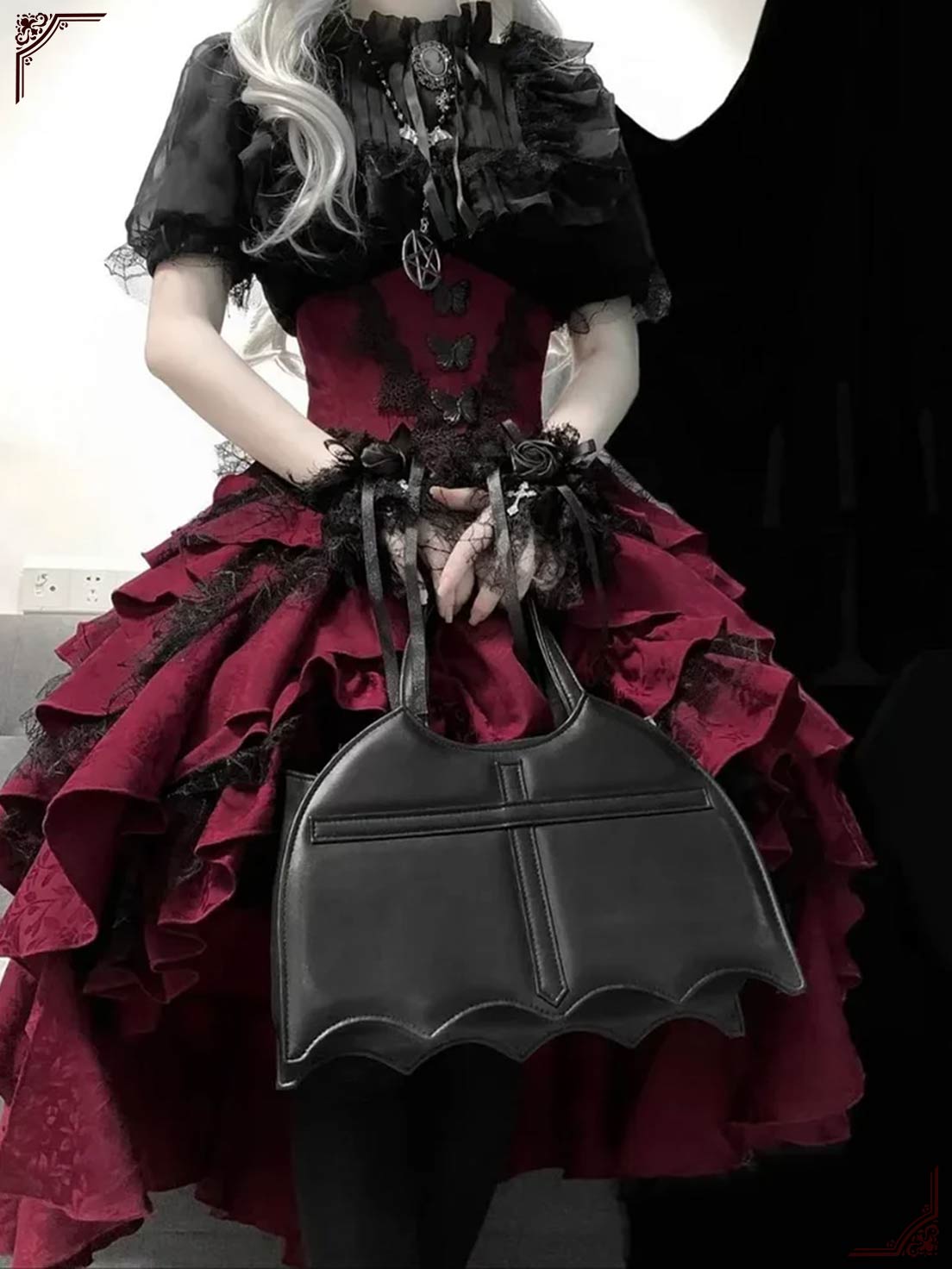 Goth Lolita Prom Dress Outfit Black Red Ruffles Skirt Lace for Halloween Valentine's Day