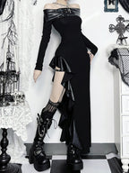 Goth Lolita Punk Dress JSK Special Brother Long Dress Black Irregular Skirt