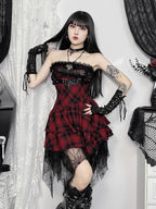 Goth Lolita Punk Lolita Black and Red Plaid Punk Dress Short Skirt JSK