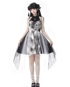 Qi Lolita Gothic Jirai Kei Fashion Black-white Ink Painting Sleeveless Dress