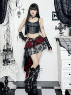 Goth Lolita Red and Black Plaid Irregular Punk Lolita Skirt Women Dress