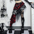 Goth Lolita Red and Black Plaid Irregular Punk Lolita Skirt Women Dress