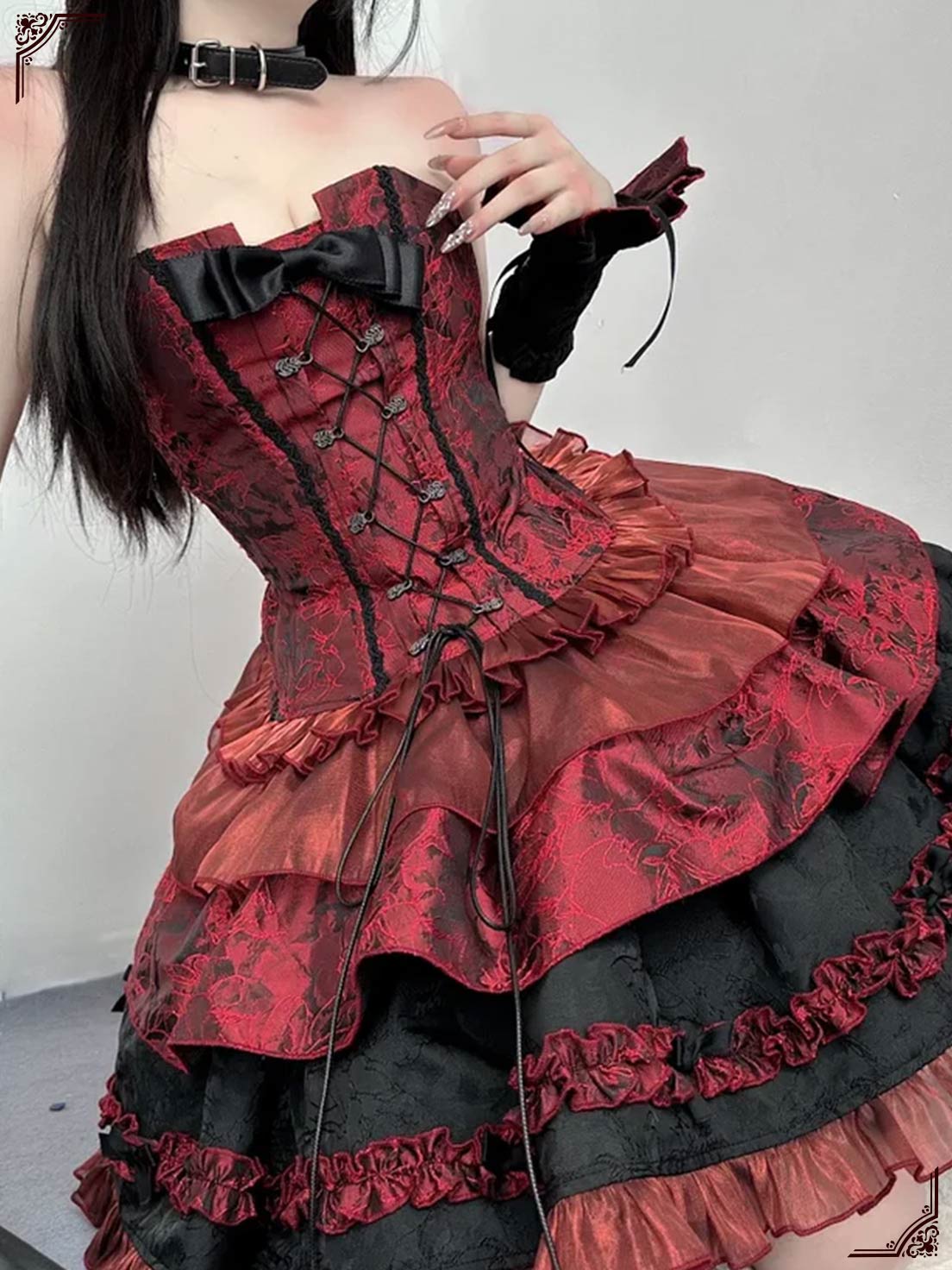 Goth Lolita Red Ballet Dress Jacquard Fishbone Bra Multi-layer Lace Ruffle Strap Skirt
