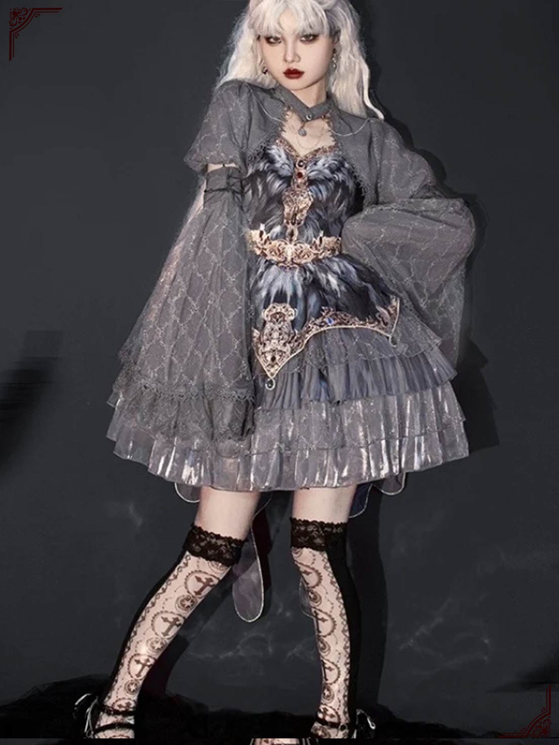 Goth Lolita Suspender Swan Dance Grey Feather Outfits Multilayer Cake Dress
