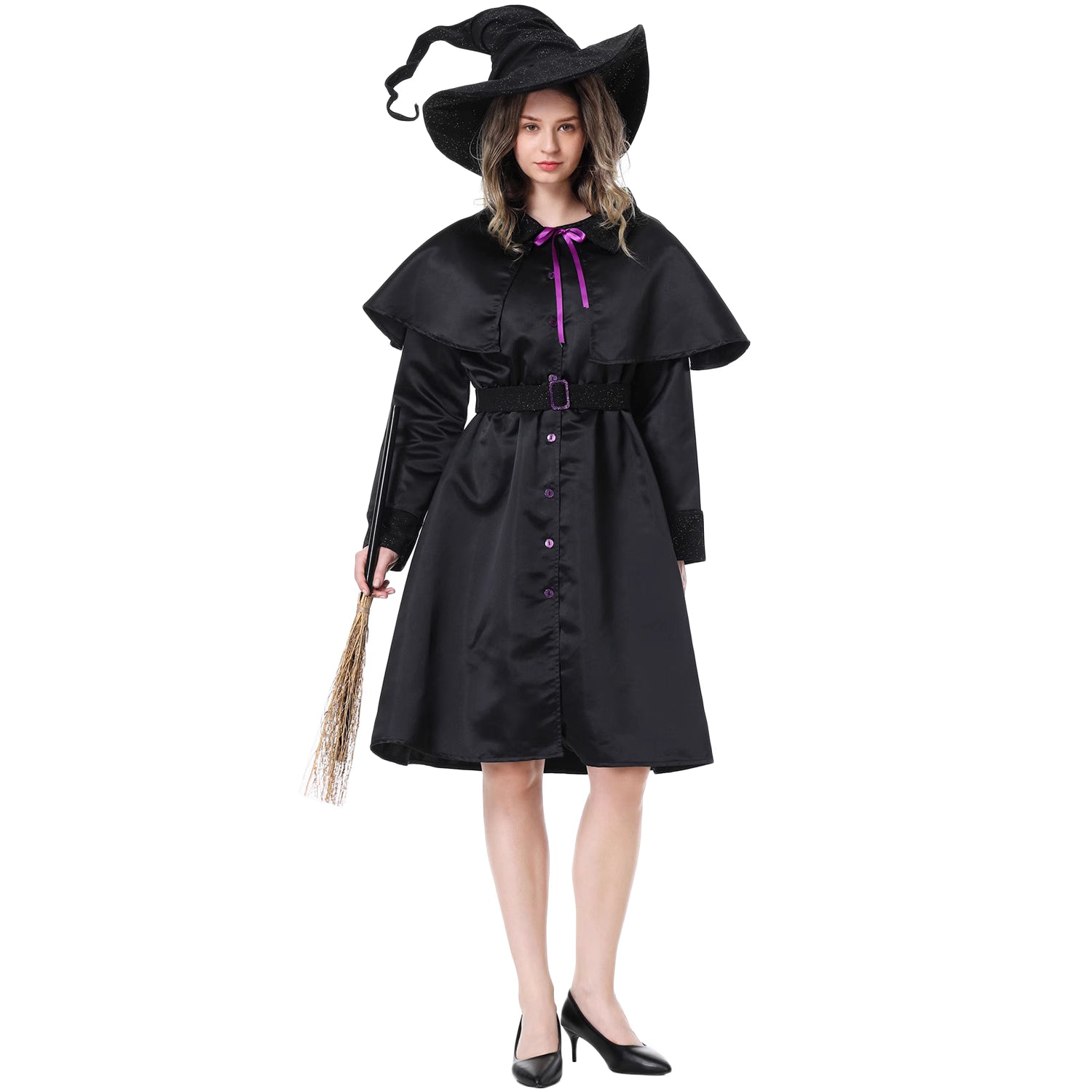 Design Concept：
This black Gothic Lolita witch dress combines a mysterious and elegant aesthetic with playful Halloween charm. The fitted bodice and flared skirt create a flattering silhouette, while the included witch hat adds a classic magical touch. Perfect for Halloween, themed parties, cosplay events, or masquerade gatherings, this ensemble brings a striking witch character to life.