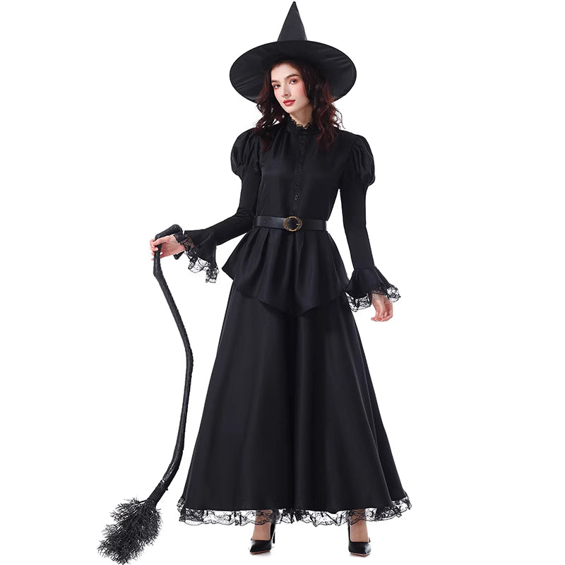 Design Concept:
This Gothic Lolita witch dress is designed in elegant black lace, combining a long flowing gown with subtle vintage details that highlight both mystery and charm. The fitted waistline with a matching belt enhances the silhouette, while the pointed witch hat completes the magical aesthetic. Perfect for Halloween, parties, or stage performances, this ensemble brings an enchanting yet darkly graceful style to any event.