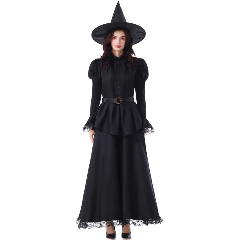 Design Concept:
This Gothic Lolita witch dress is designed in elegant black lace, combining a long flowing gown with subtle vintage details that highlight both mystery and charm. The fitted waistline with a matching belt enhances the silhouette, while the pointed witch hat completes the magical aesthetic. Perfect for Halloween, parties, or stage performances, this ensemble brings an enchanting yet darkly graceful style to any event.