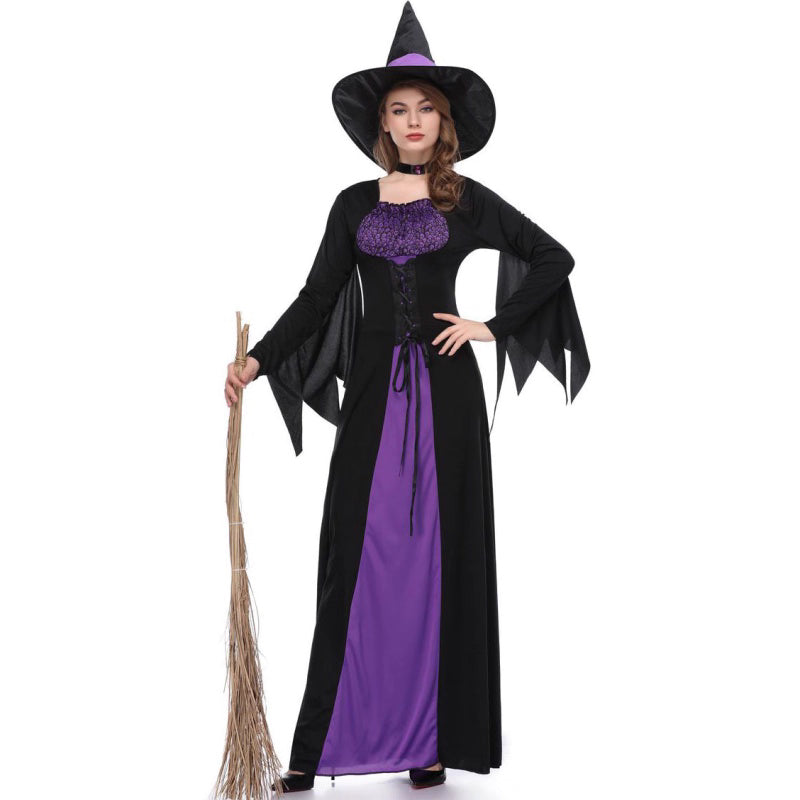 Design Concept：
This purple and black Gothic Lolita witch dress combines a mysterious and elegant aesthetic with playful Halloween charm. The fitted bodice and flared skirt create a flattering silhouette, while the included witch hat and choker add a classic magical touch. Perfect for Halloween, themed parties, cosplay events, or stage performances, this outfit brings a striking witch character to life.