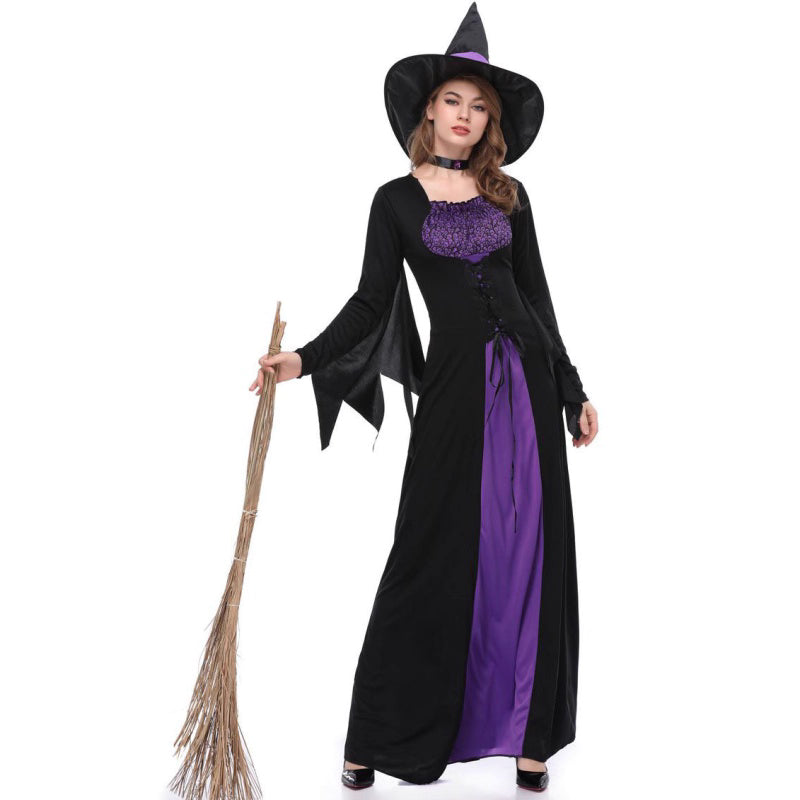 Design Concept：
This purple and black Gothic Lolita witch dress combines a mysterious and elegant aesthetic with playful Halloween charm. The fitted bodice and flared skirt create a flattering silhouette, while the included witch hat and choker add a classic magical touch. Perfect for Halloween, themed parties, cosplay events, or stage performances, this outfit brings a striking witch character to life.