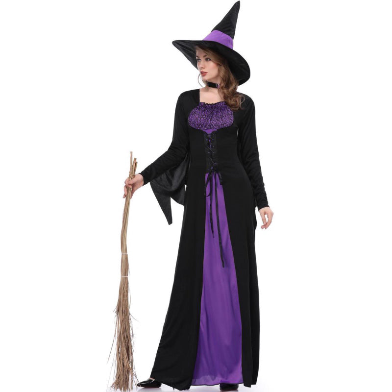 Design Concept：
This purple and black Gothic Lolita witch dress combines a mysterious and elegant aesthetic with playful Halloween charm. The fitted bodice and flared skirt create a flattering silhouette, while the included witch hat and choker add a classic magical touch. Perfect for Halloween, themed parties, cosplay events, or stage performances, this outfit brings a striking witch character to life.