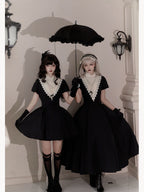 Goth Nun Black Long Short Op sleeved Apron Lolita Dress