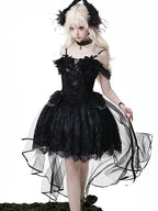 Goth Prom Dress Black Tulle Accent Asymmetric Gown One Piece Dress