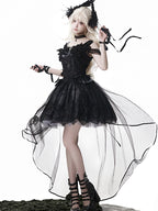 Goth Prom Dress Black Tulle Accent Asymmetric Gown One Piece Dress