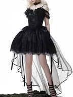 Goth Prom Dress Black Tulle Accent Asymmetric Gown One Piece Dress