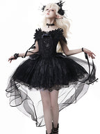 Goth Prom Dress Black Tulle Accent Asymmetric Gown One Piece Dress