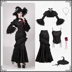 Goth Prom Set Black Victorian Inspired Ruffled Gowns Fish Tail Corset Skirt