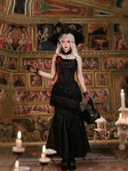 Goth Prom Set Black Victorian Inspired Ruffled Gowns Fish Tail Corset Skirt