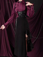 Goth Prom Set Goth Lolita Burgundy Ruffled Shirt Black Asymmetric Skirt