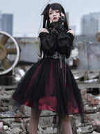 Gothic Lolita Black-red Ruffle Bow Strapless Long Sleeve Coolred Jumpsuit