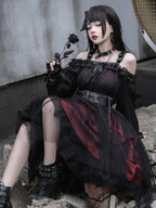 Gothic Lolita Black-red Ruffle Bow Strapless Long Sleeve Coolred Jumpsuit