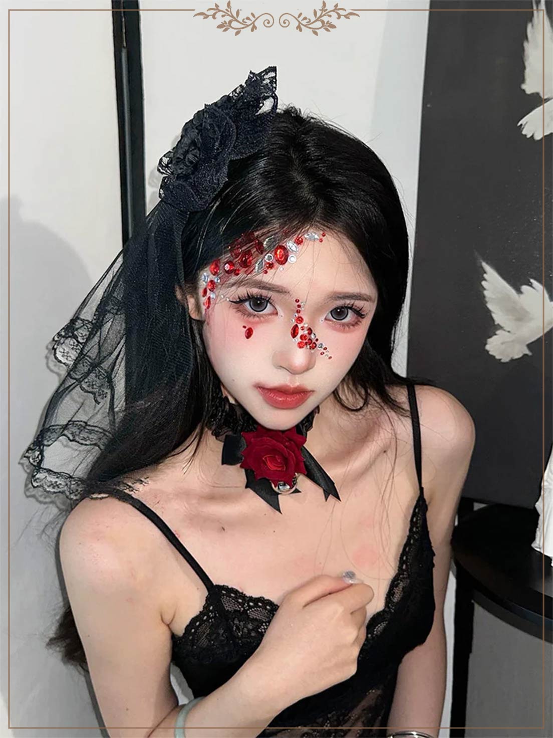 Gothic Bride Veil Hair Clip Black White Lace Dark Flower Rose Halloween Cosplay Accessory