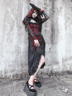 Gothic Inspired Red Black Lolita Ensemble with Ruffled Details