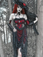 Gothic Inspired Red Black Lolita Ensemble with Ruffled Details