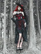 Gothic Inspired Red Black Lolita Ensemble with Ruffled Details