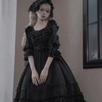 Gothic Lolita All Black Ruffle Trimmed Long Dress Goth Prom Dress