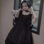 Gothic Lolita All Black Ruffle Trimmed Long Dress Goth Prom Dress