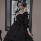 Gothic Lolita All Black Ruffle Trimmed Long Dress Goth Prom Dress