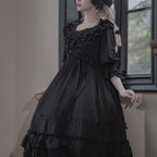 Gothic Lolita All Black Ruffle Trimmed Long Dress Goth Prom Dress