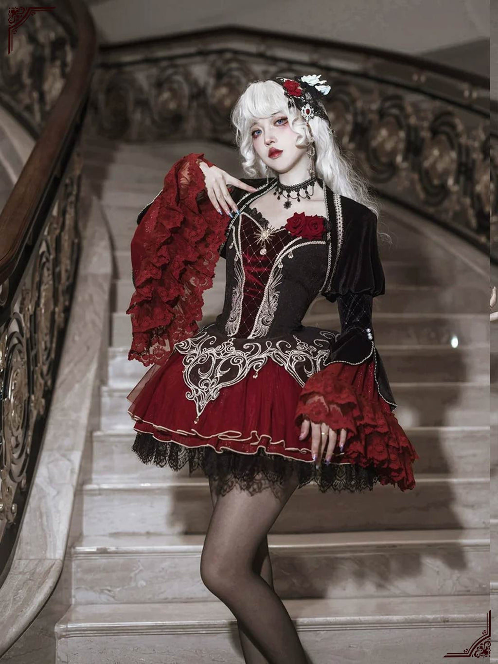 Gothic Lolita JSK and Bolero Set: Black and Red Velvet Mini Dress