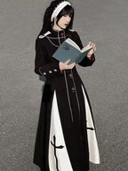 Design Concept:

This Gothic Lolita long dress in black features cross print detailing and a cut-out knit design, creating a striking and edgy aesthetic. The silhouette combines classic Gothic elegance with a modern Lolita twist, offering a long, flowing fit that exudes dramatic charm. Perfect for cosplay, themed events, or making a bold fashion statement, this dress captures the essence of dark, refined Lolita style.
