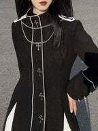 Design Concept:

This Gothic Lolita long dress in black features cross print detailing and a cut-out knit design, creating a striking and edgy aesthetic. The silhouette combines classic Gothic elegance with a modern Lolita twist, offering a long, flowing fit that exudes dramatic charm. Perfect for cosplay, themed events, or making a bold fashion statement, this dress captures the essence of dark, refined Lolita style.