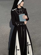 Design Concept:

This Gothic Lolita long dress in black features cross print detailing and a cut-out knit design, creating a striking and edgy aesthetic. The silhouette combines classic Gothic elegance with a modern Lolita twist, offering a long, flowing fit that exudes dramatic charm. Perfect for cosplay, themed events, or making a bold fashion statement, this dress captures the essence of dark, refined Lolita style.