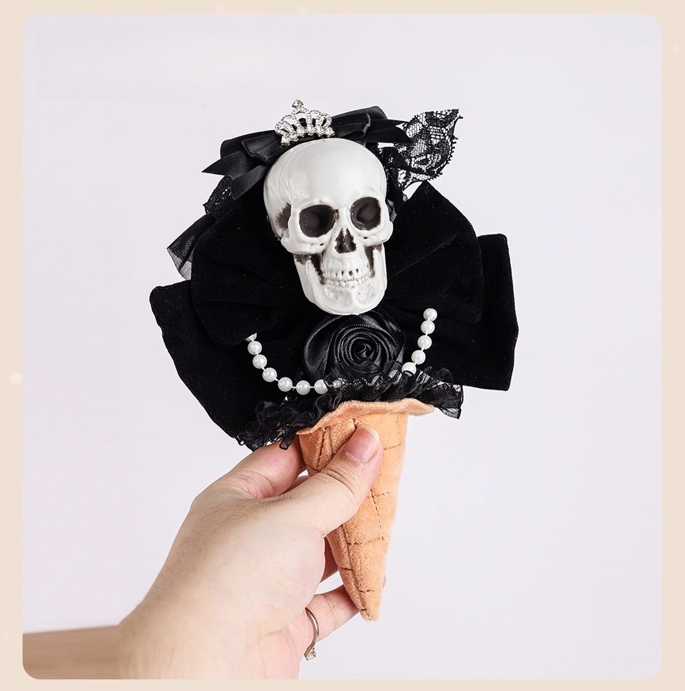 Design Concept:
This accessory blends gothic elegance with a playful twist, featuring a Skull Bride cone handheld design. Crafted in black lace with delicate detailing, it reflects both dark fantasy and vintage charm. The cone-shaped handheld piece captures the essence of Gothic Lolita aesthetics while adding a unique statement for cosplay, themed events, or collection display.This product is a presale item, allowing you to secure a piece of artistry ahead of time.