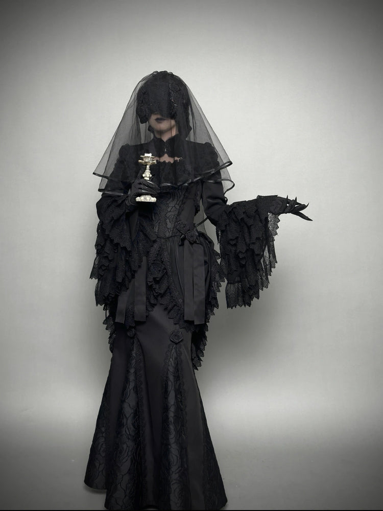 [Pre]Gothic Lolita Black Lace Trimmed Veiled Gown Goth Prom Dress