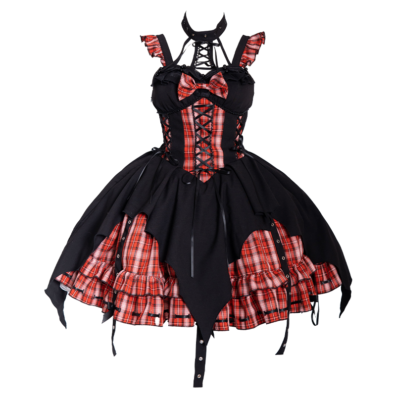 Punk Lolita Black Red Plaid Accent Dress