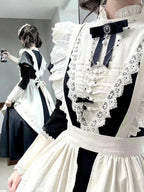 Gothic Lolita Black White Maid Outfit Style Long Dress Goth Prom Dress
